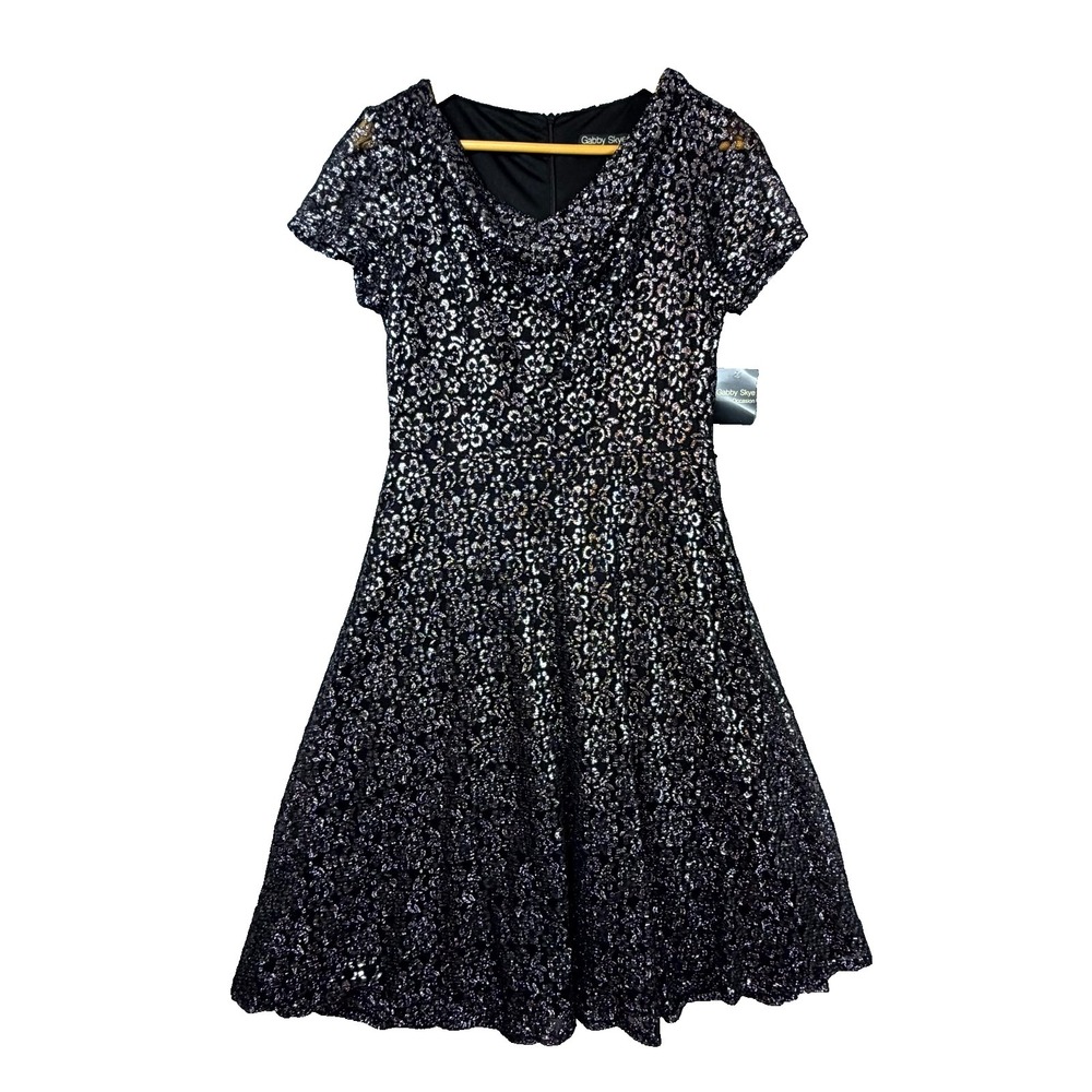 Gabby Skye Occasion Dress Womens 10 Black Metallic Shimmer NYE Glamor Cowl Neck